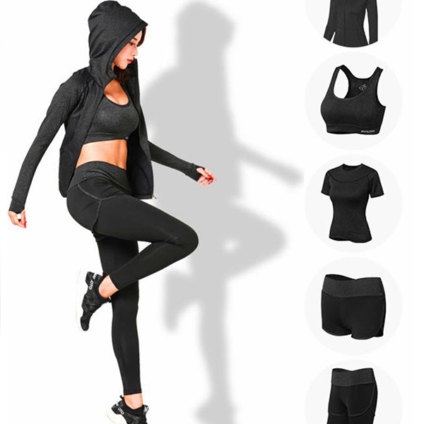 Fitness Running Sports Yoga Suits 5 Pieces T Shirts Bra Shorts Pants Hoodies Set Athletic Apparel Women